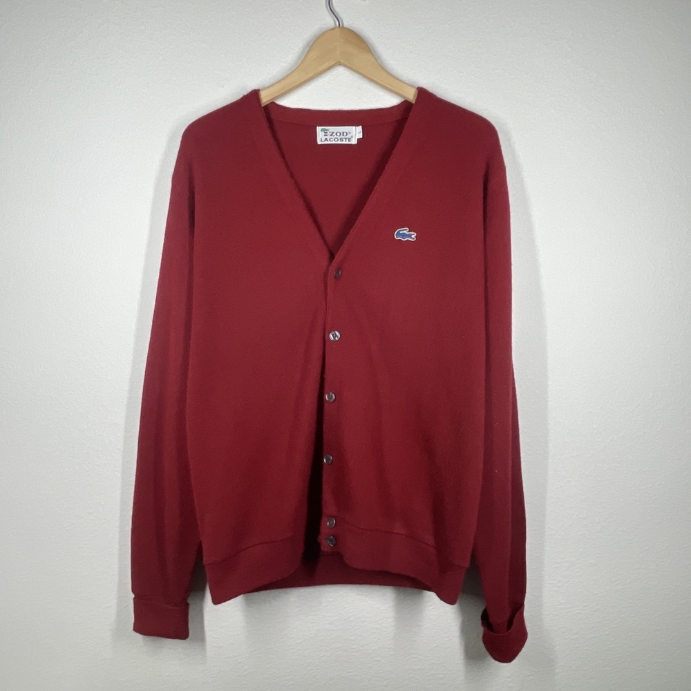 Vintage 60s Izod Lacoste Cardigan Large Burgundy Red W/ Blue Croc Orlon